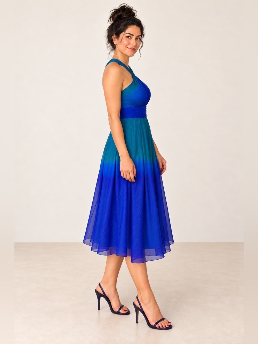 Jones New York 100% Silk Ombré Halter Midi Dress Blue Teal Size 6, Excellent